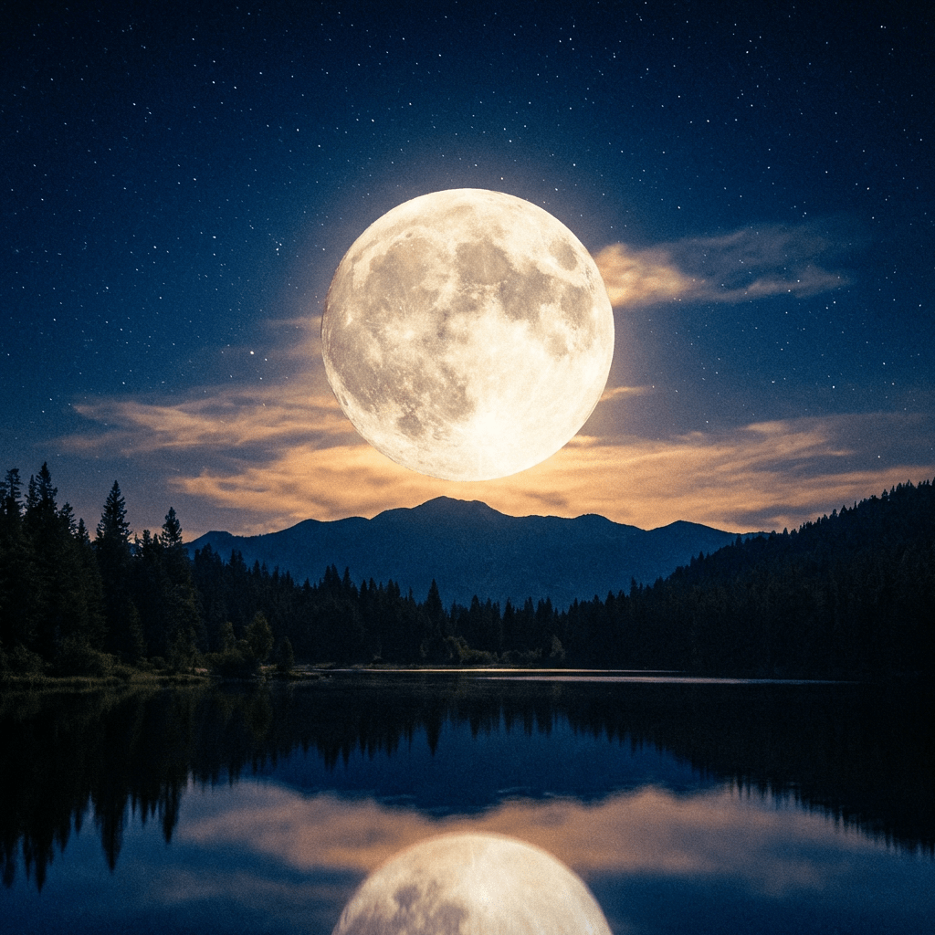 Large full moon rising over mountains and reflecting in a calm forest lake.