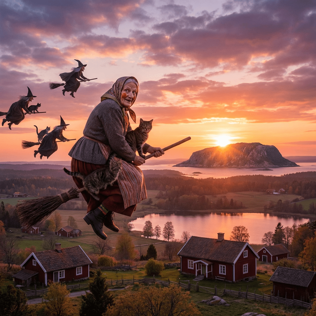 Witches fly on broomsticks with cats over a scenic Nordic village during a colorful sunset.