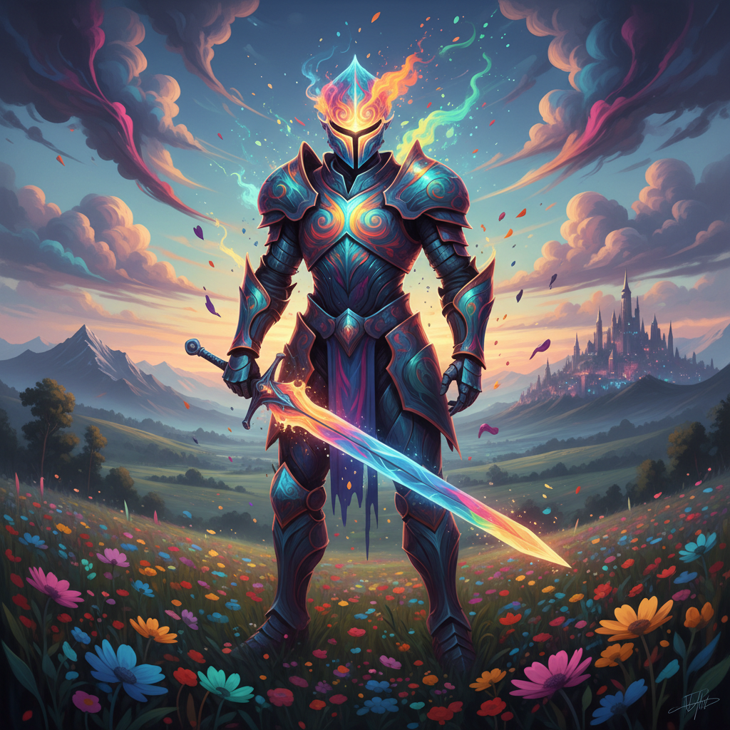 Ornate knight holding a flaming sword in a vibrant field with a distant castle.