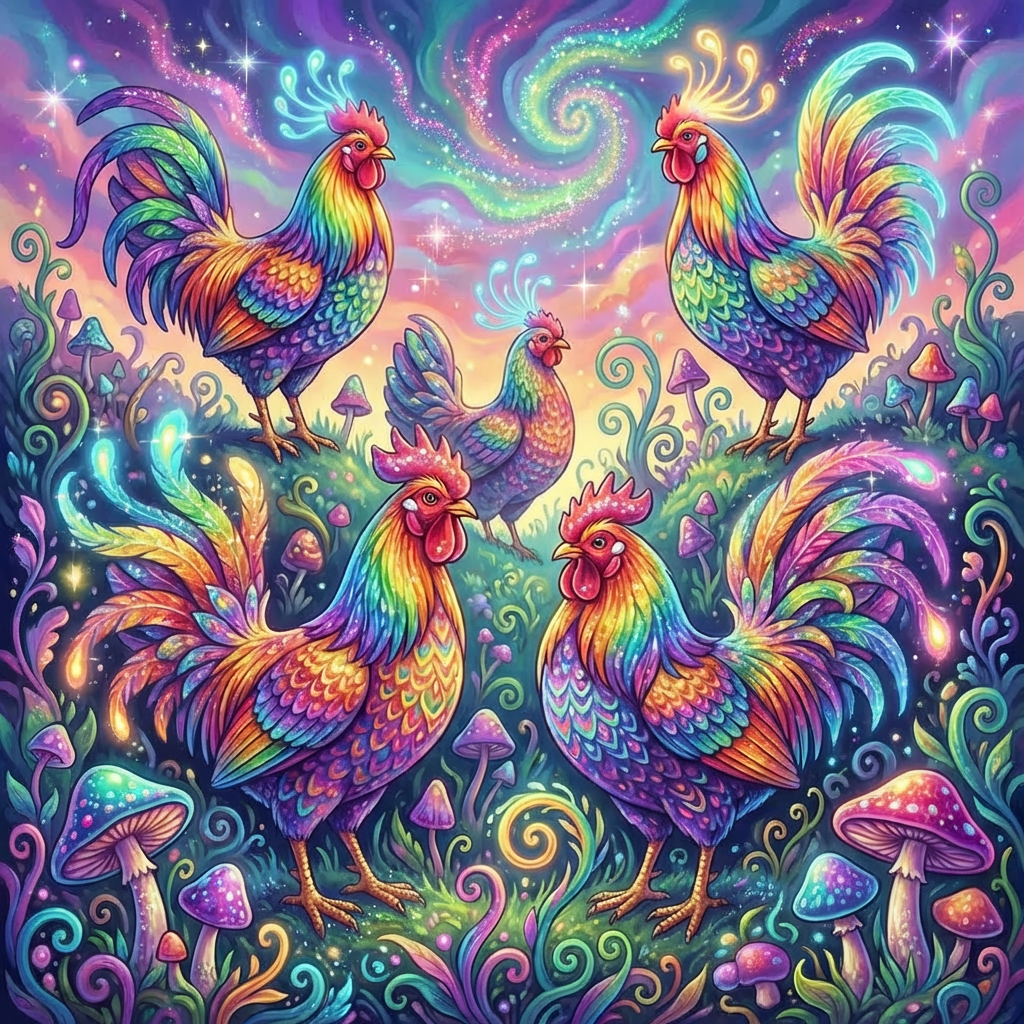 Five rainbow-colored roosters in a psychedelic landscape of glowing mushrooms and swirling sky patterns.