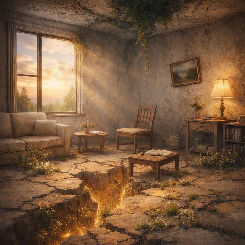 Room cracked open with fiery fissures, lightning outside and a swirling storm inside