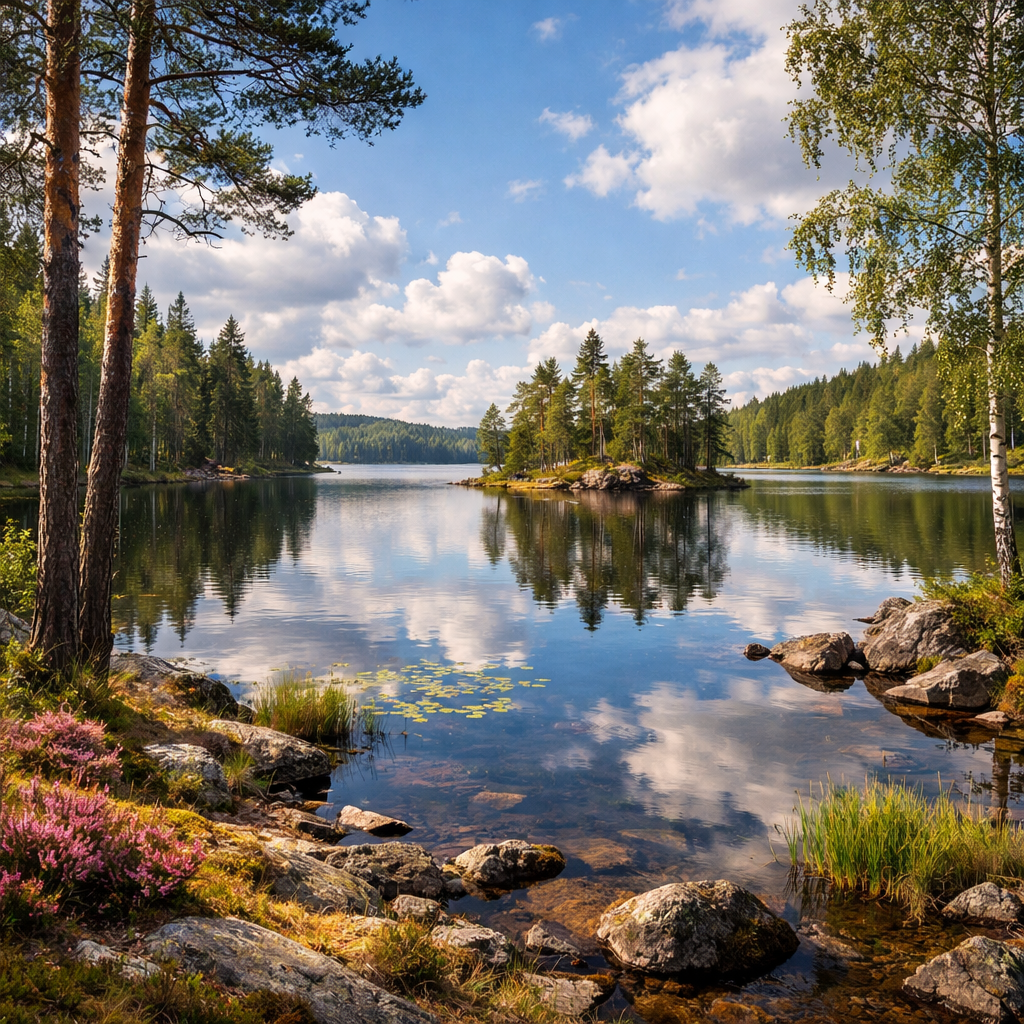 Calm lake with a small island of trees and rocks along the shoreline