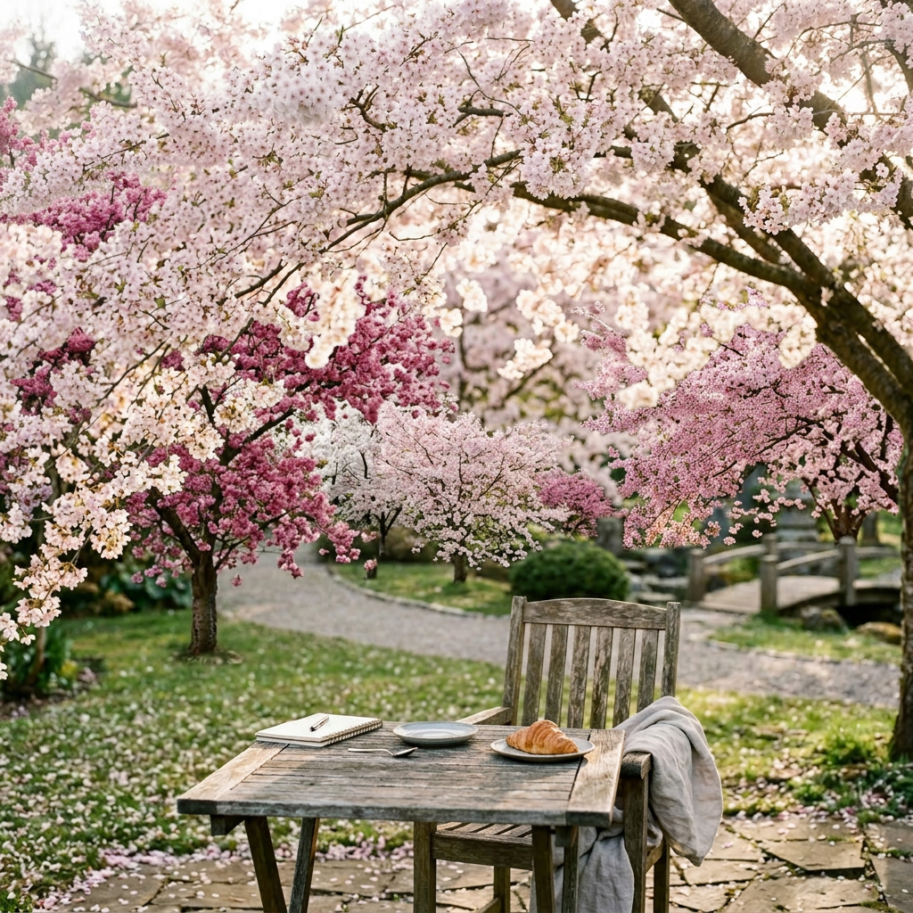 Woman sitting at outdoor wooden table holding a steaming cup under cherry blossom trees