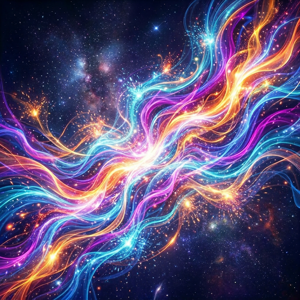 Bright swirling streams of blue, purple, and orange light over a starry space backdrop
