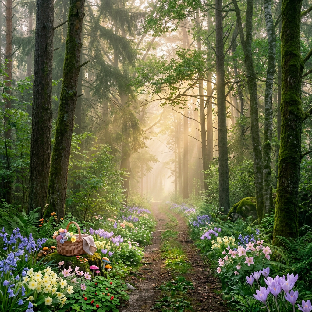 Forest trail bordered by yellow, purple, and pink wildflowers with morning sunlight filtering through tall trees