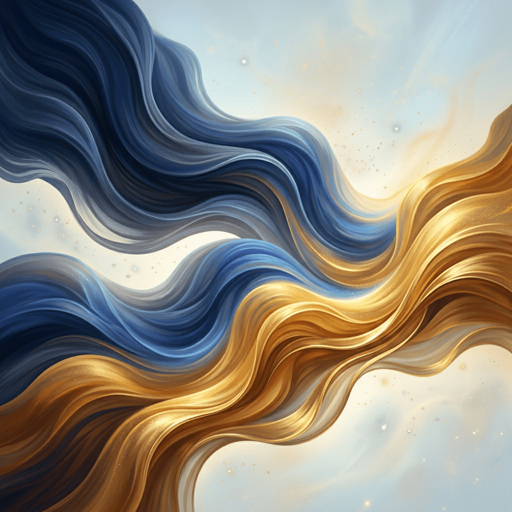 Abstract swirling ribbons in shades of blue and gold flowing against a dark background
