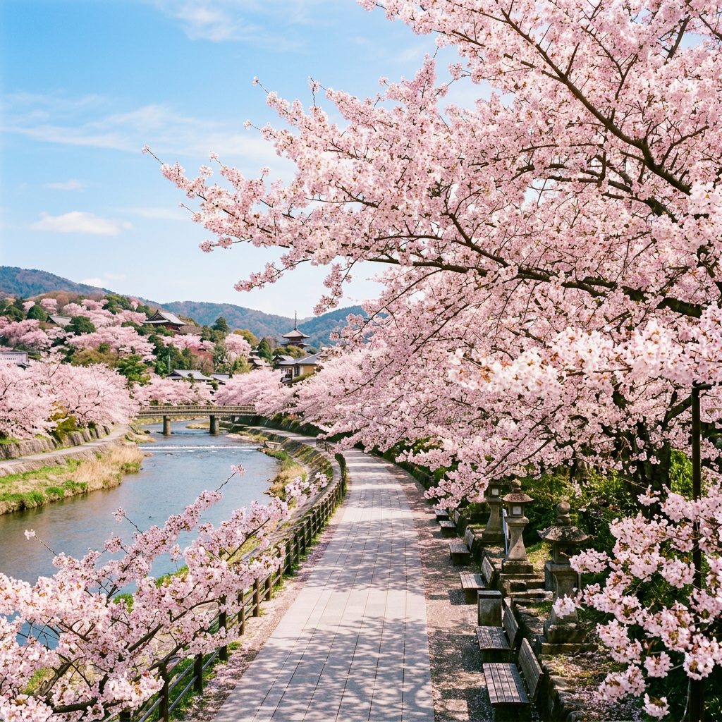 Crowds walking along a riverside path lined with blooming cherry blossom trees