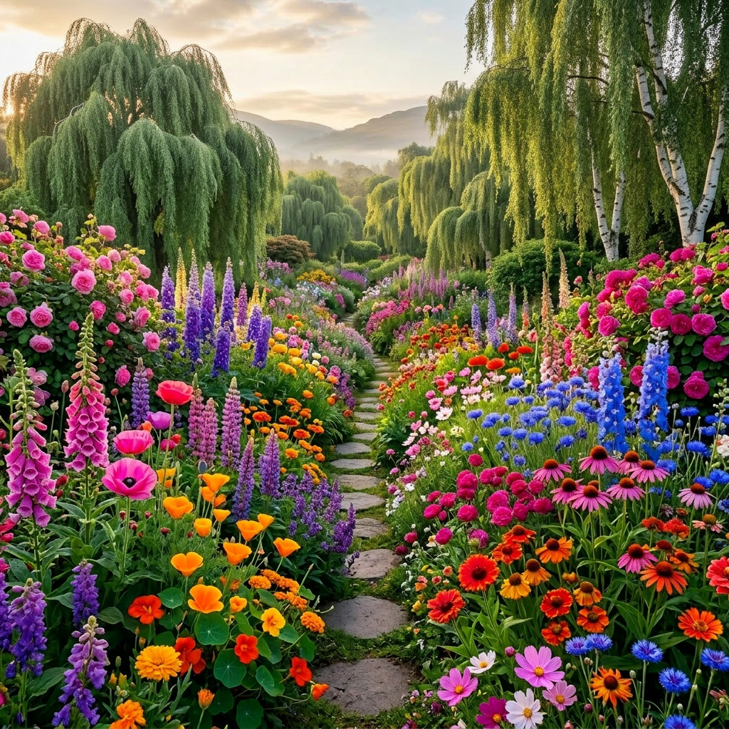 Garden path surrounded by diverse blooming flowers and green trees at sunrise