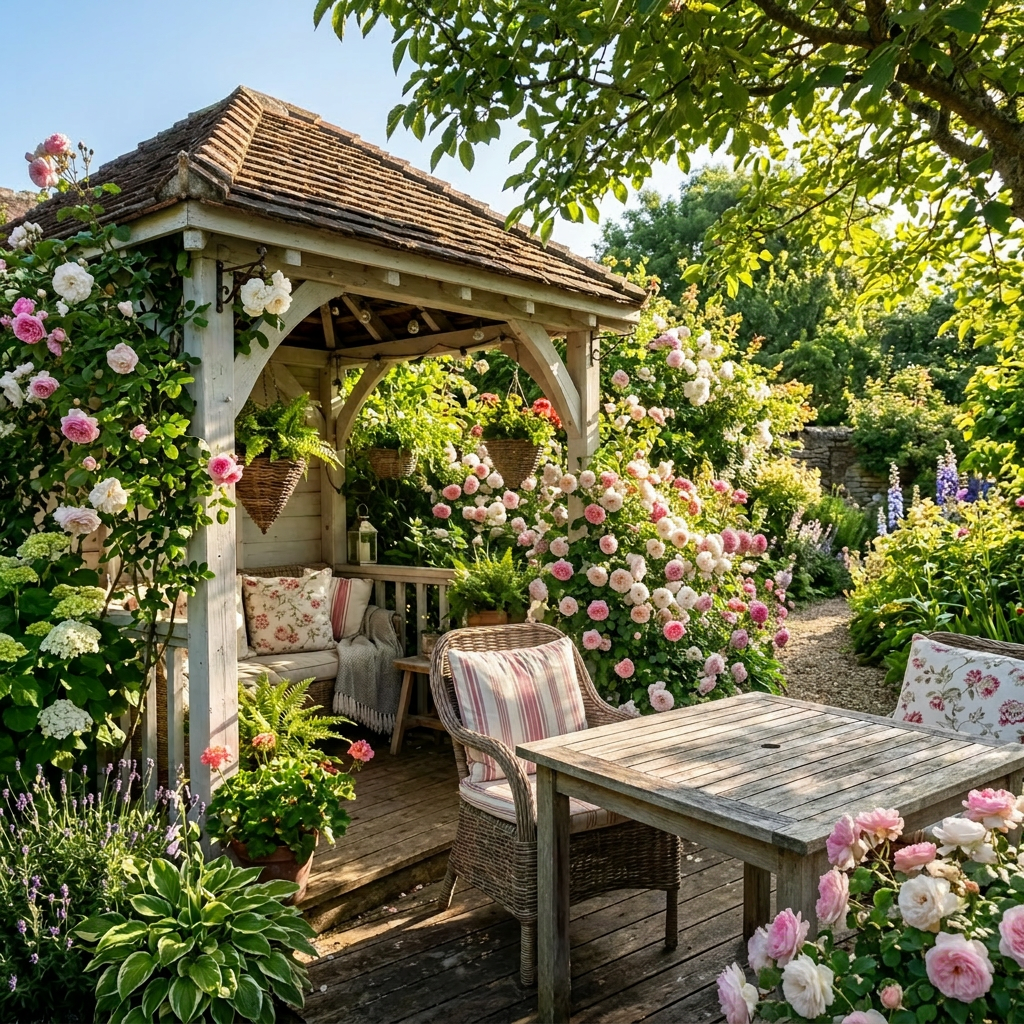 Woman sitting in a garden gazebo drinking tea surrounded by flowers