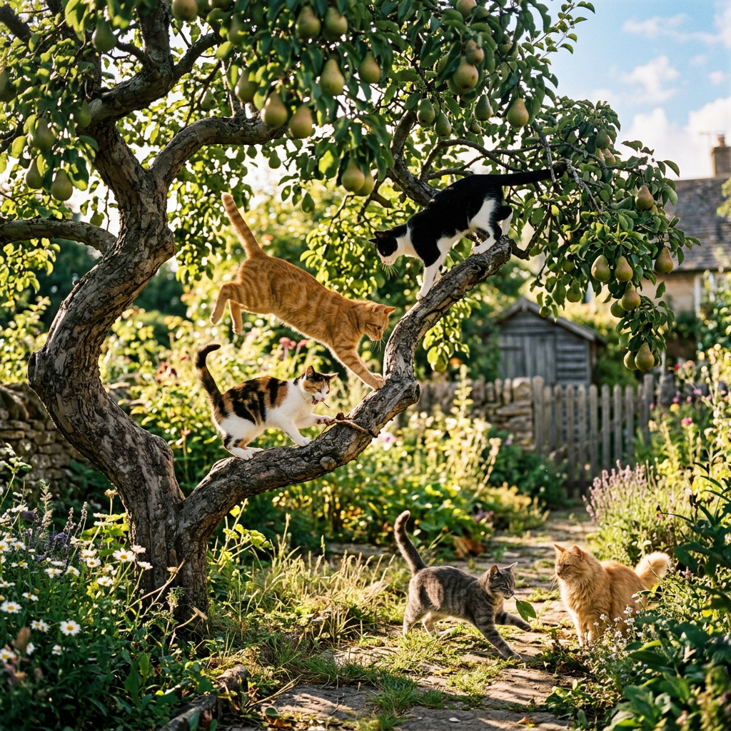 Five cats playing and climbing around a pear tree in a lush garden.