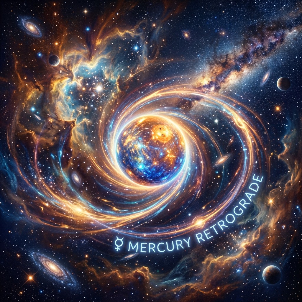 Swirling cosmic scene with bright planet and Mercury retrograde text