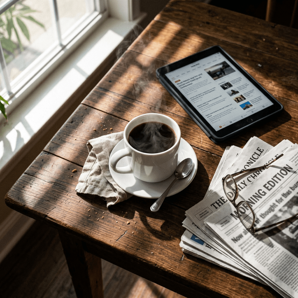 Steaming cup of coffee on a saucer with a spoon beside a tablet and folded newspapers on a wooden table
