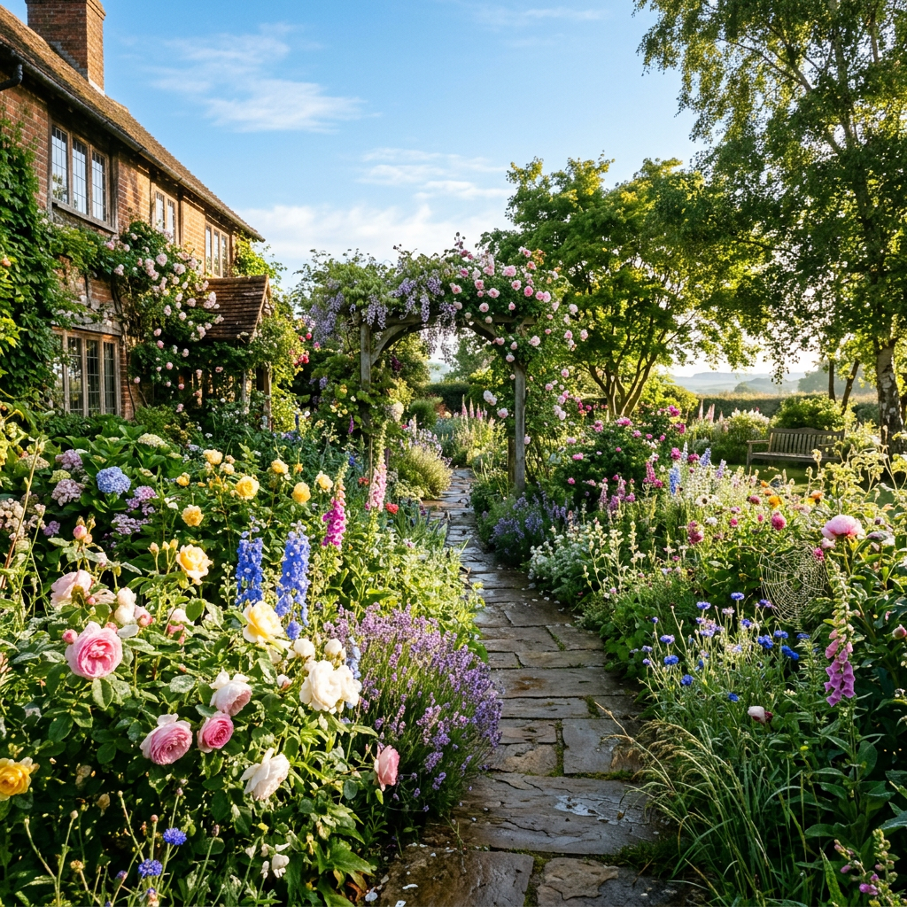 Stone pathway through a colorful flower-filled English cottage garden with climbing roses on an arch