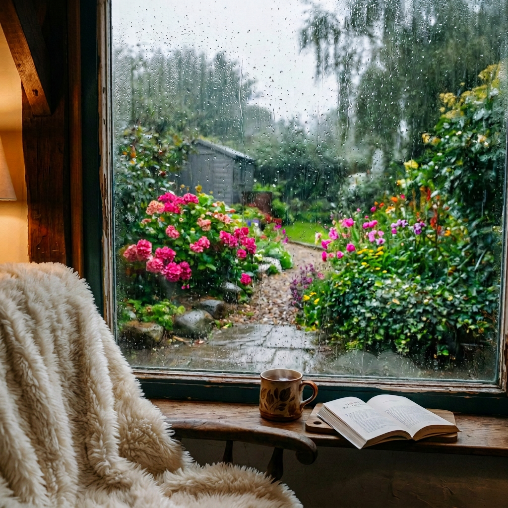 Window with raindrops showing garden outside, book and mug on wooden bench