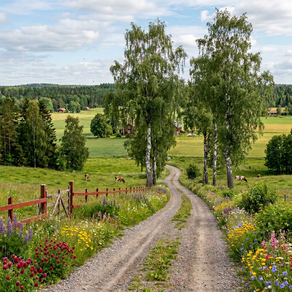 Winding gravel road through green fields toward red farmhouses and forest