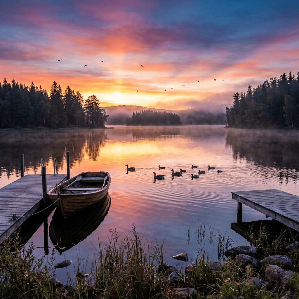 Person and cat sitting on dock beside ducks at sunset
