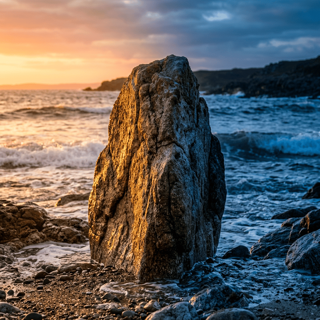 Weathered sea stack surrounded by waves on a rocky shore at sunset