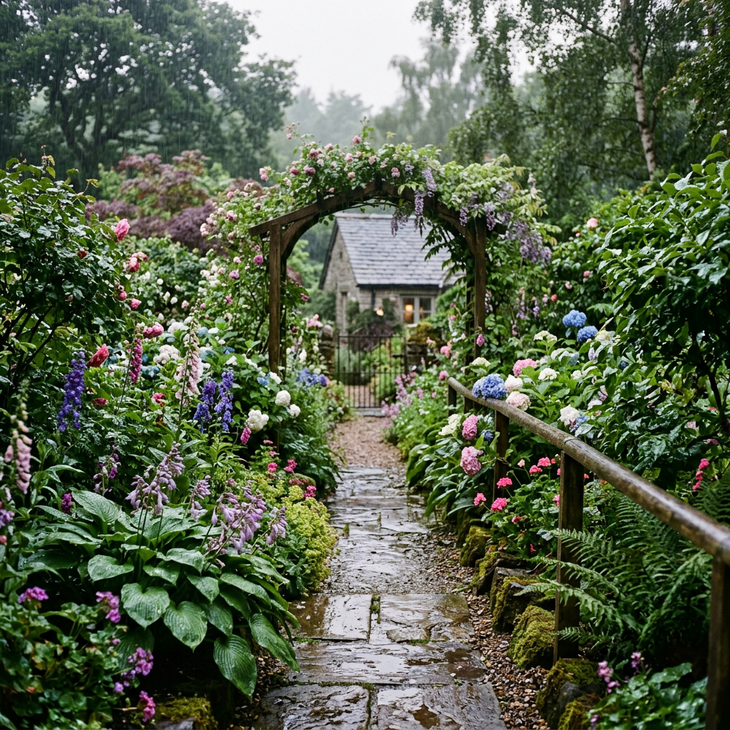 Rainy garden path beneath a flower-covered arch leading to a stone cottage