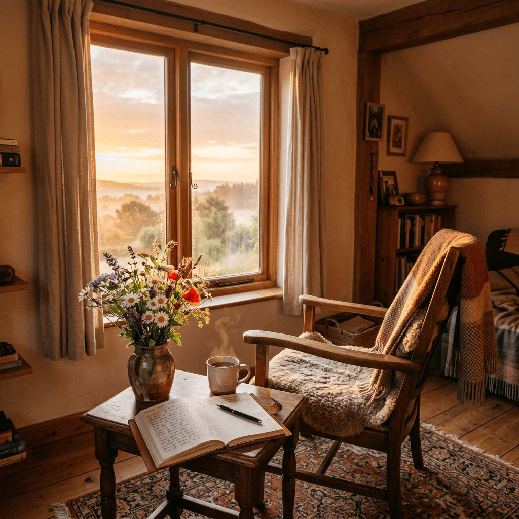 Cozy reading nook with open journal, coffee, flowers, and sunset view