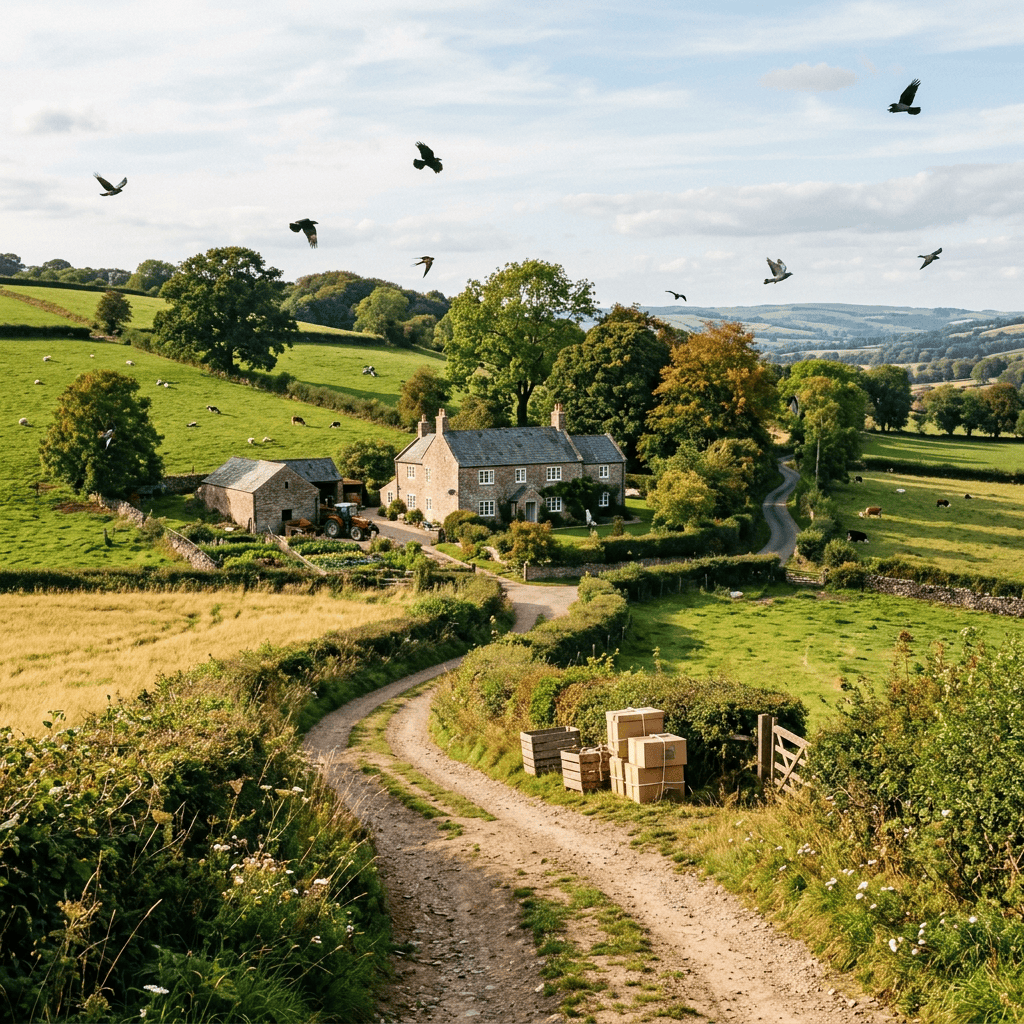 Stone farmhouse and winding lane in a green rural valley
