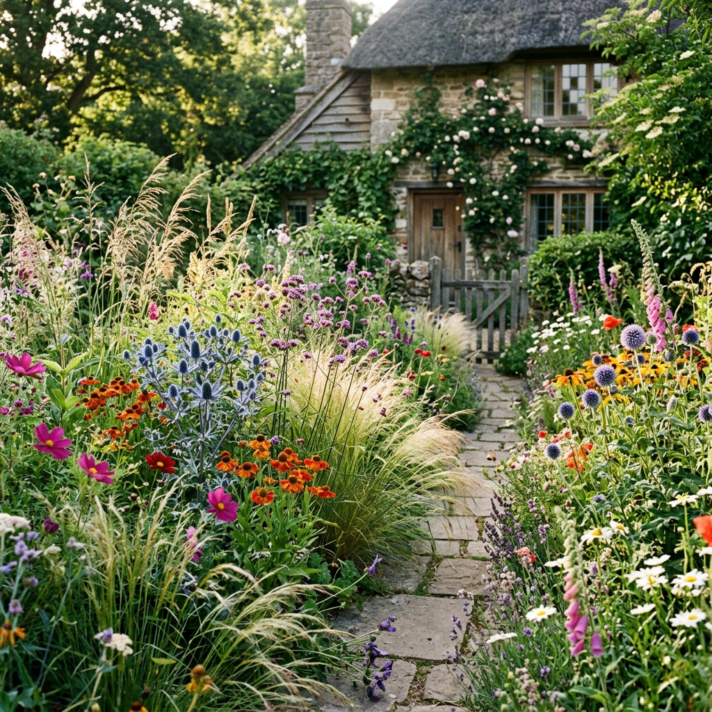 Flower-filled garden path leading to a thatched-roof stone cottage