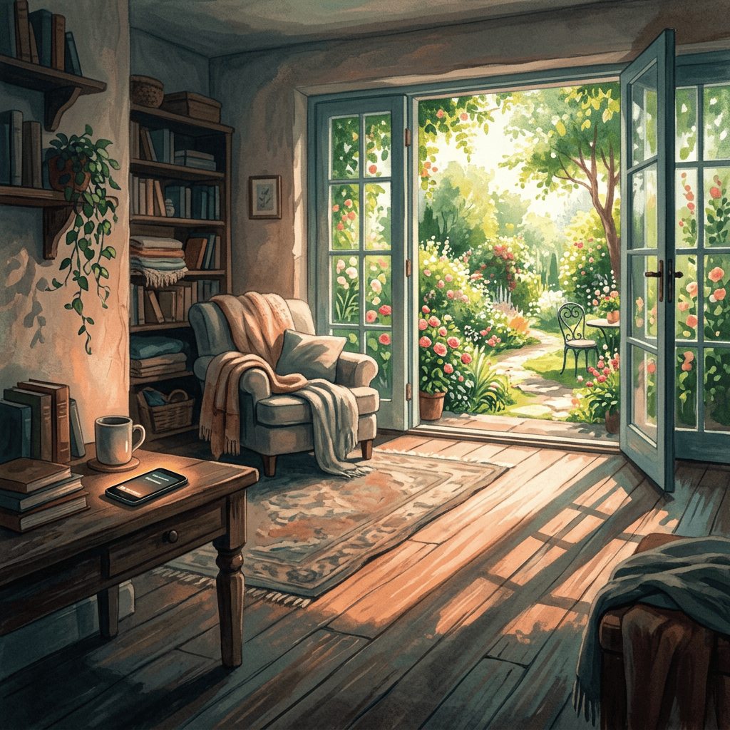 Cozy reading room with open doors leading to a flower garden
