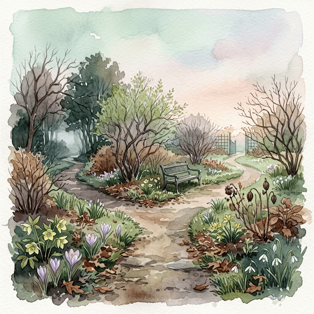 Watercolor garden path with spring flowers, trees, and a bench