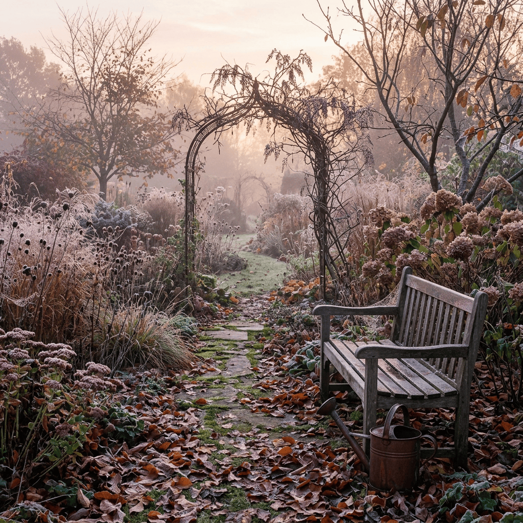 Weathered bench beside a leaf-covered garden path under a vine-wrapped arch