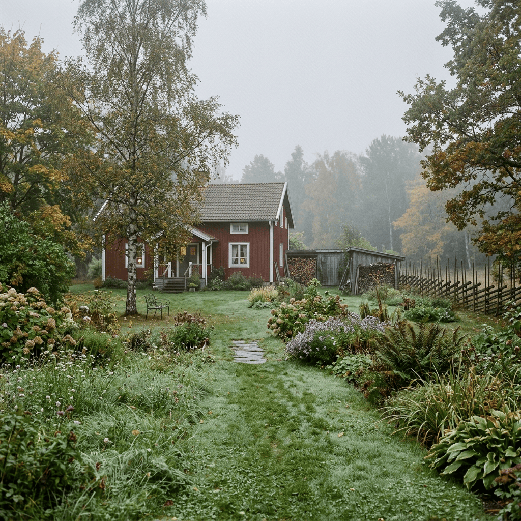 Red cottage surrounded by a flower garden in misty autumn scenery
