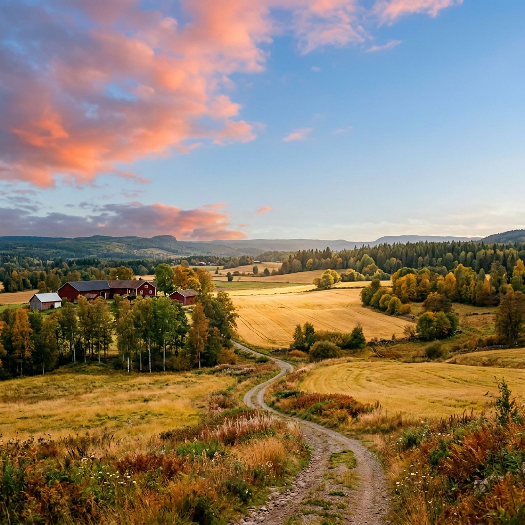 Winding lane through golden fields toward red farm buildings and forested hills