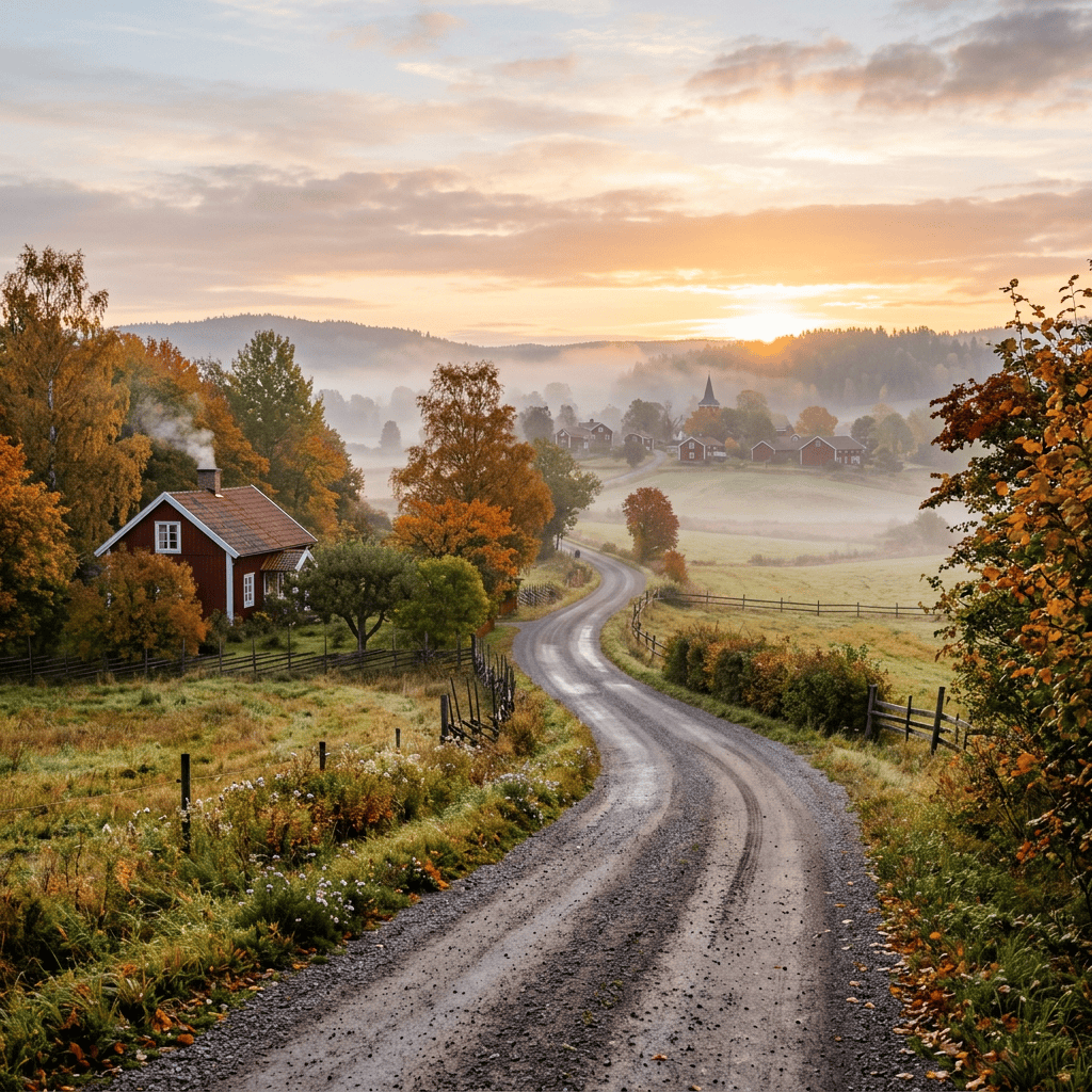 Winding country road through autumn fields toward a misty village