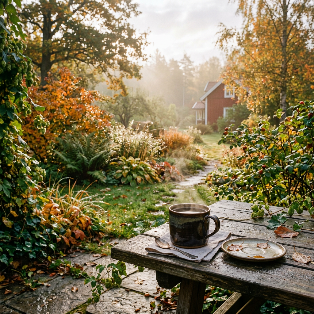 Coffee cup on garden table overlooking an autumn garden and red cottage