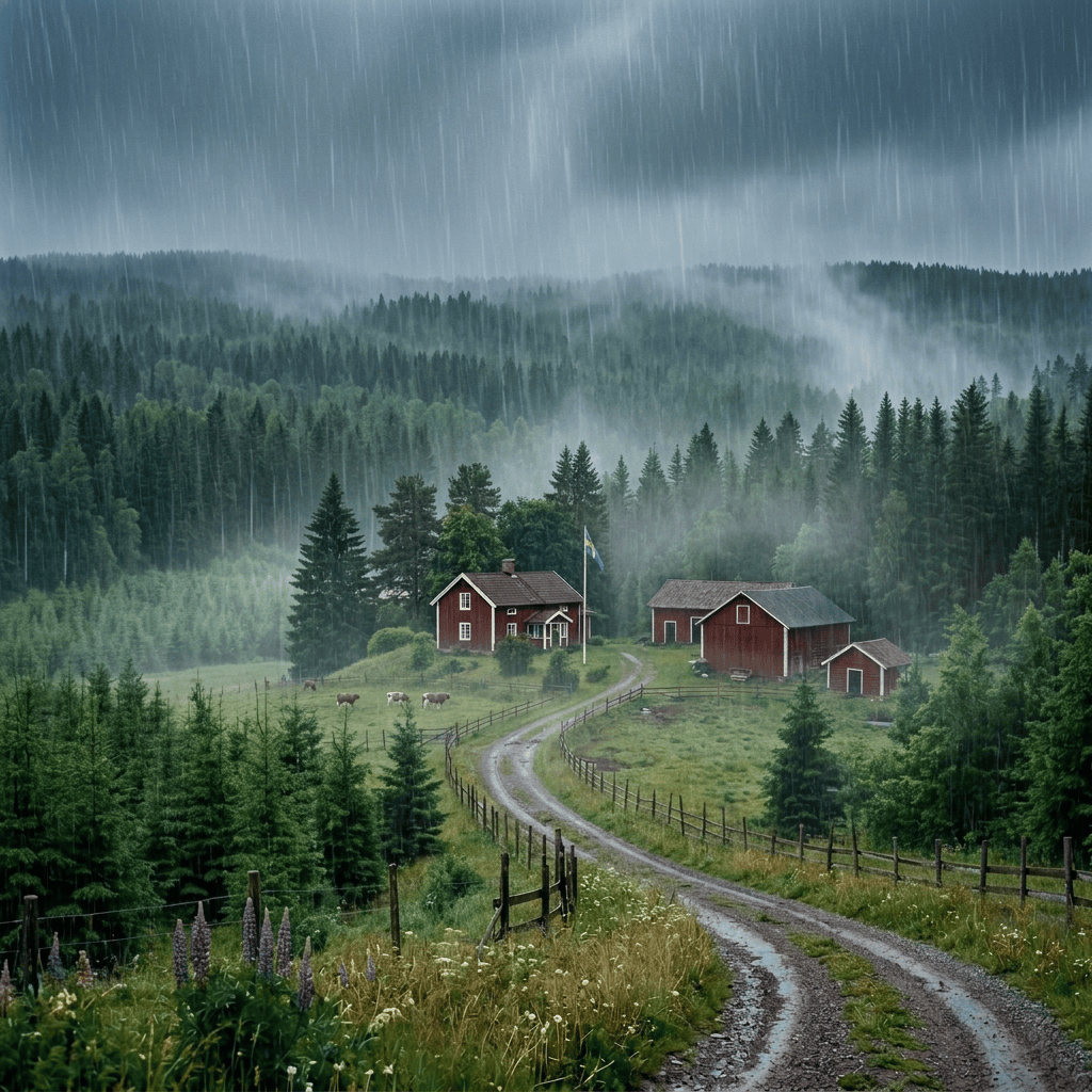 Red farm cottages beside a winding road in a misty forested valley