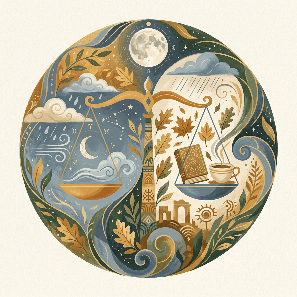 Circular illustration combining moon, weather, seasons, astrology, coffee, and books