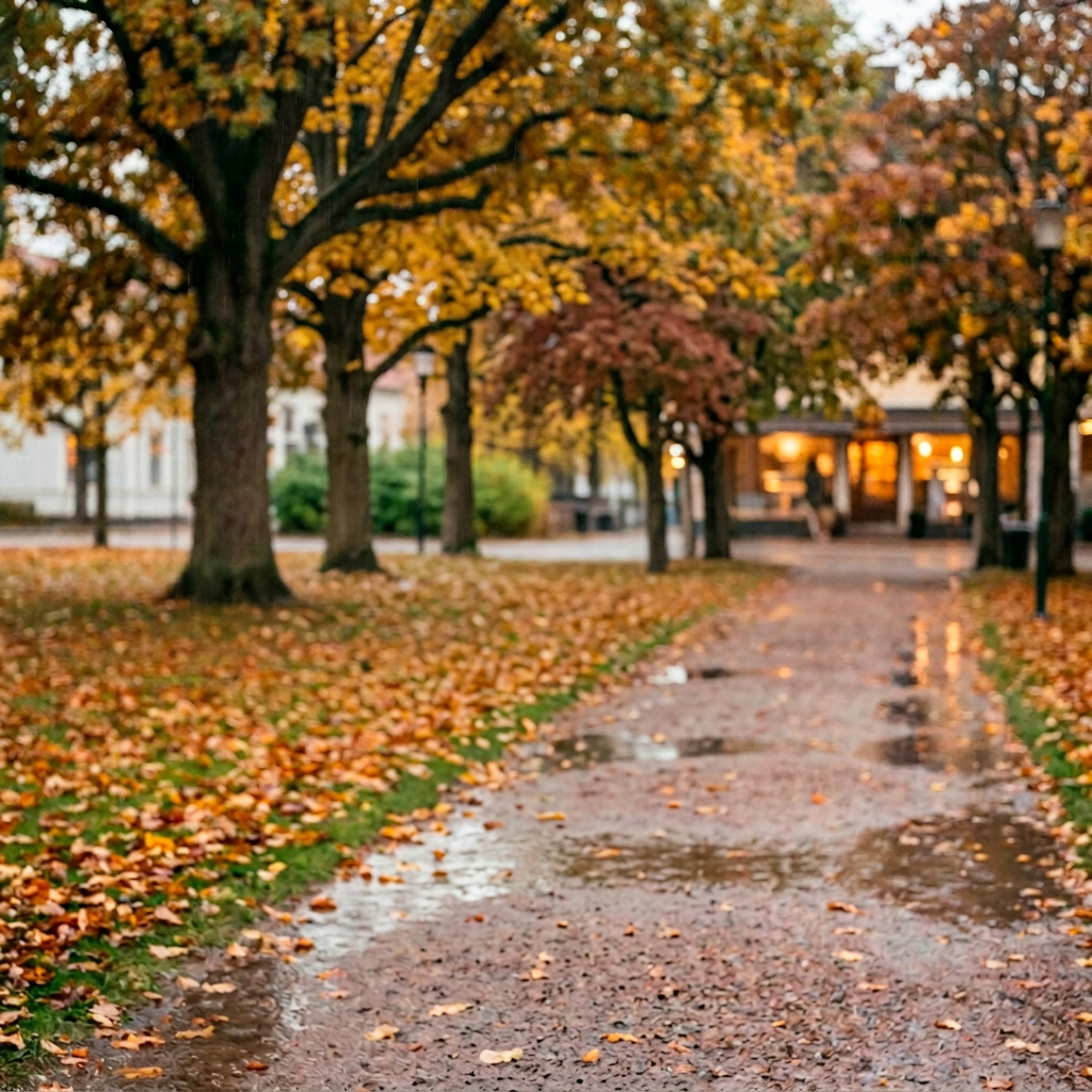 Woman in green raincoat holding colorful umbrella on rainy autumn path