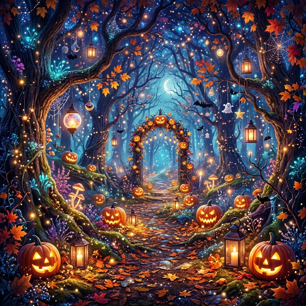 Enchanted forest path with glowing jack-o'-lanterns, lanterns, bats, and a crescent moon
