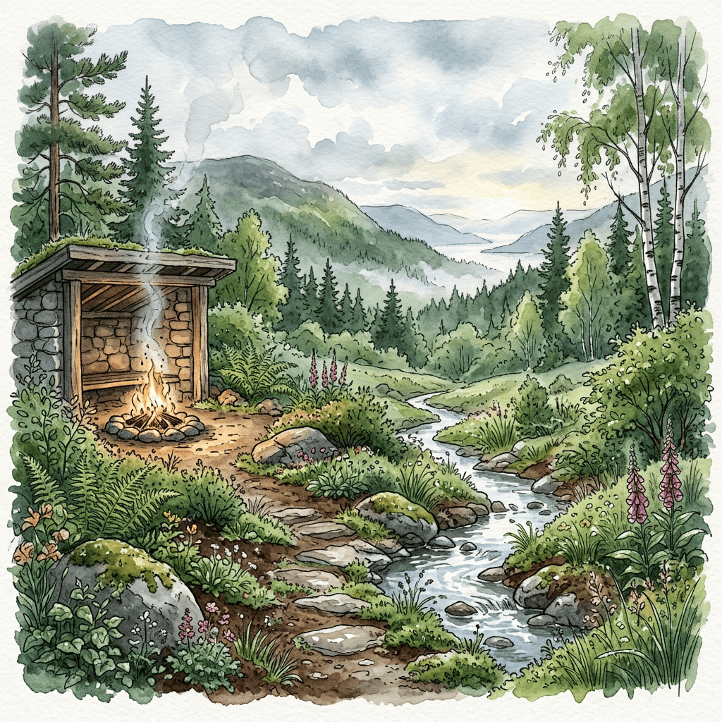 Watercolor landscape with a campfire shelter, forest, stream, and mountains